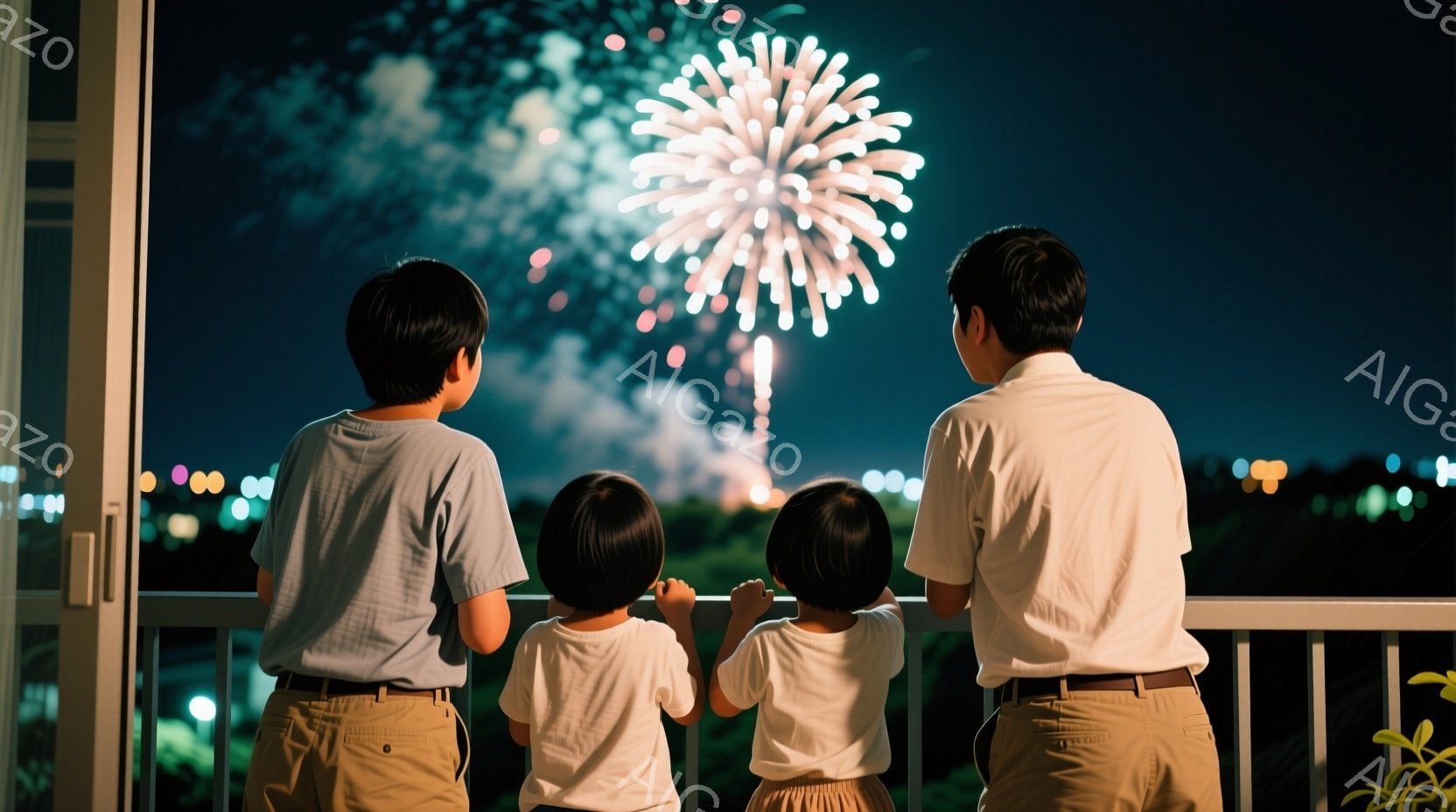 三人の子供たちがバルコニーの手すりに寄りかかり、夜空に咲く花火を見上げています。彼らは皆、短い髪で、ベージュのズボンに白いシャツを着ています。背景には、街の灯りと緑豊かな木々が見え、花火の明るい光が夜空を照らしています。
