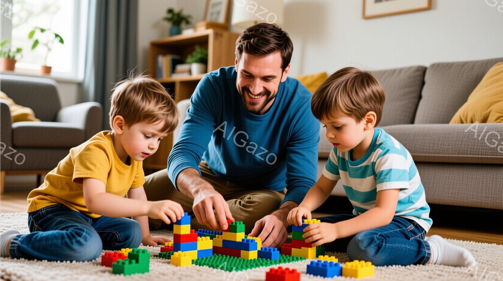 浅いベージュ色のカーペットの上に、父親と二人の幼い子供が座って、カラフルなブロックで遊んでいます。父親は濃い青色のシャツとベージュ色のズボンを着用し、微笑みながらブロックを積み重ねています。子供たちは - AI生成フリー素材