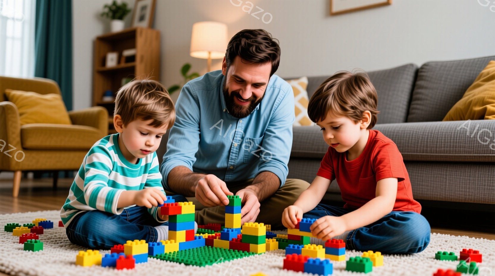 膝を折って床に座っている男性と二人の幼い男の子が、カラフルなブロックで遊んでいます。男性は濃い眉とひげを持ち、笑顔でブロックを組み立てています。背景にはソファと棚があり、暖色系の室内で家庭的な温かい雰 - AI生成フリー素材