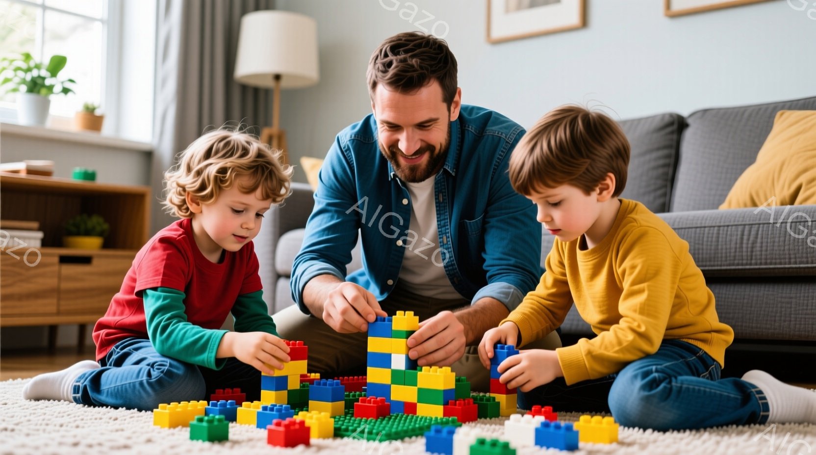 少年2人と父親がカーペットの上に座って、カラフルなブロックで遊んでいます。父親は濃い眉とあごひげを生やしており、ブルーのシャツを着ています。少年たちはそれぞれ赤いシャツと黄色のシャツを着ており、真剣な - AI生成フリー素材
