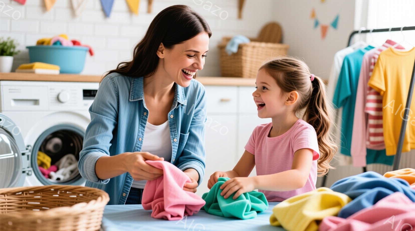 洗濯物を畳む母親と娘が写っています。母親はデニムシャツに髪を後ろで束ね、娘はピンク色のTシャツを着て三つ編みにしています。二人は洗濯物を畳む作業を笑顔で楽しんでおり、背景には洗濯機や洗濯物が入ったバスケットが見え、明るく温かい家庭の雰囲気が漂っています。