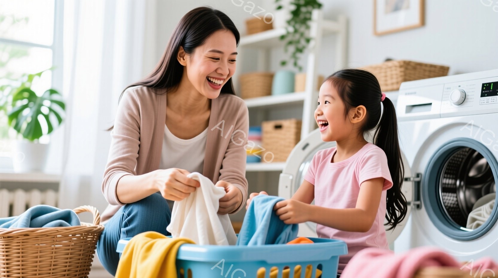洗濯物を畳む母親と娘が写っています。母親はベージュ色のトップスとジーンズを着て、笑顔で洗濯物を手にしています。娘はピンク色のTシャツを着て、黒いポニーテールで、楽しそうに青い洗濯かごに入った洗濯物を持っており、背景には洗濯機や収納バスケットが見え、明るく温かい家庭の雰囲気が漂っています。