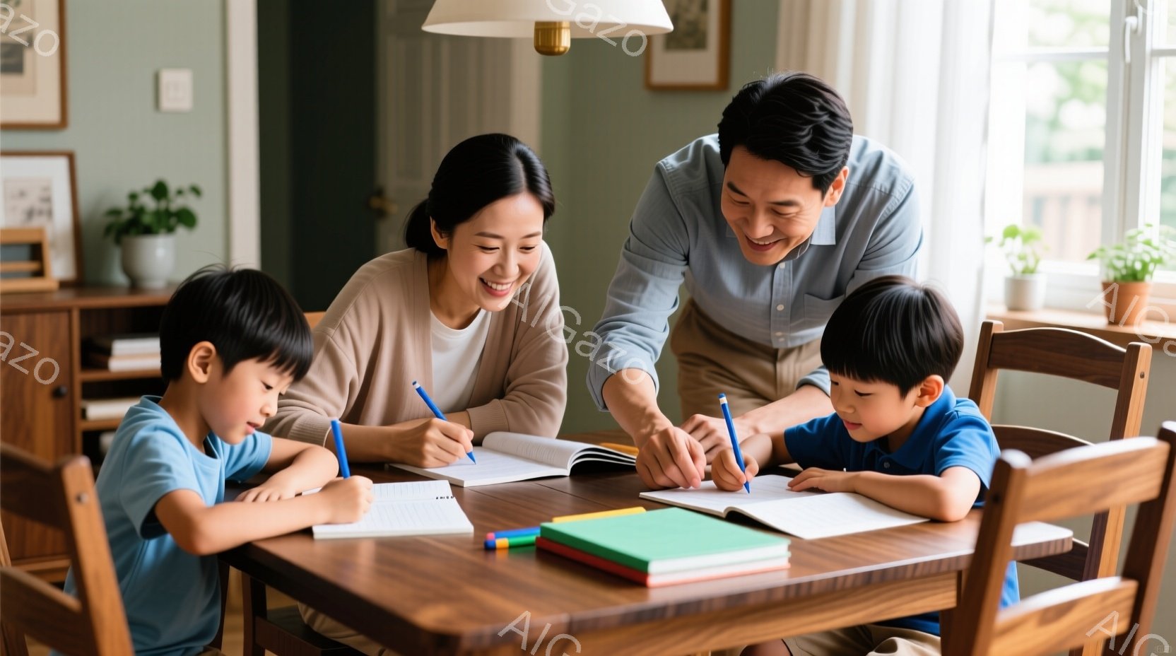家族が食卓を囲んで勉強している様子が描かれています。母親は笑顔で子供たちの様子を見守り、父親は子供たちに何かを教えながら、熱心にペンを走らせています。背景には木製の棚や観葉植物が見え、温かく穏やかな家 - AI生成フリー素材