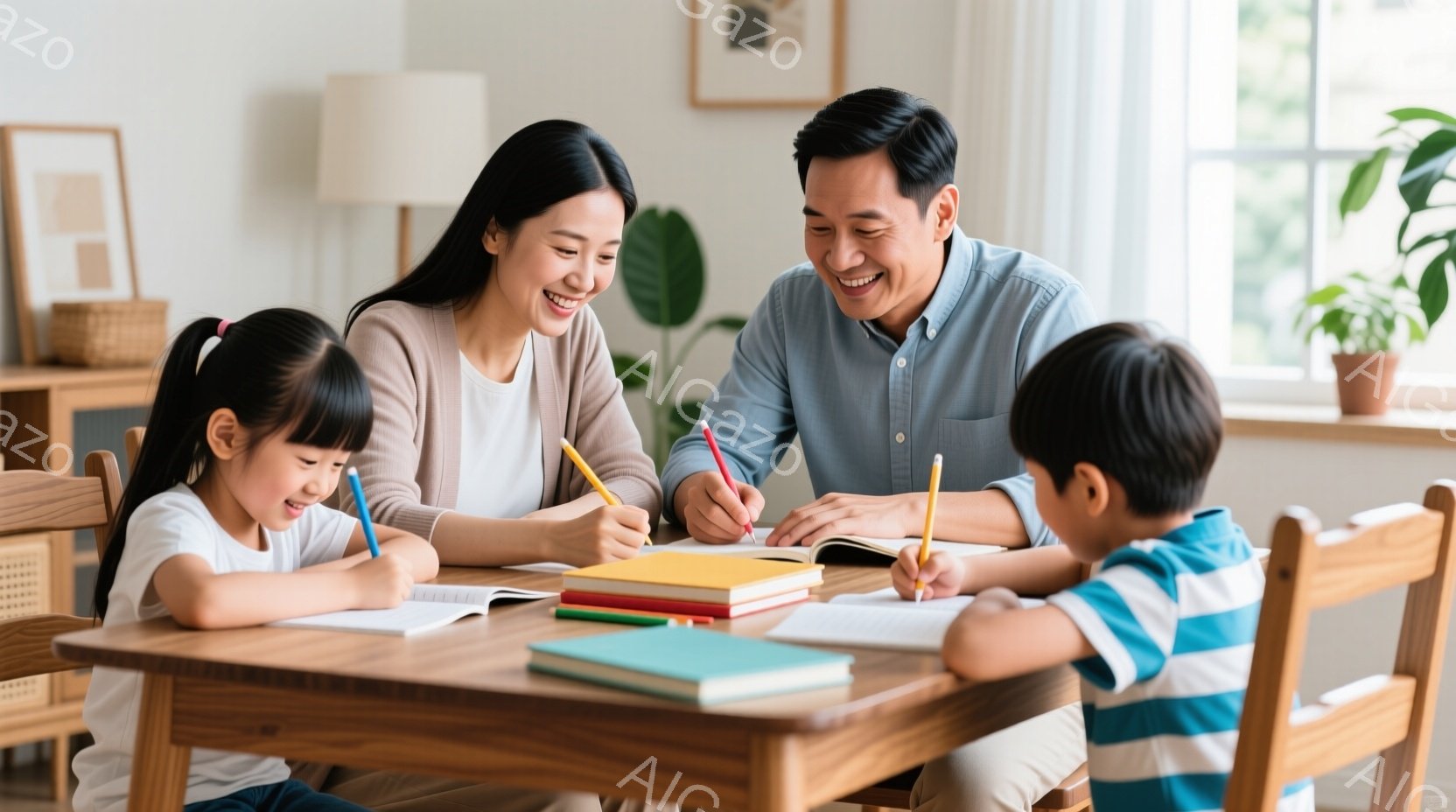 少女と少年がダイニングテーブルを囲んで宿題をしている様子が描かれています。母親は微笑みながら娘の宿題を手伝い、父親は息子と並んで宿題を見守っています。背景には観葉植物や絵画が飾られ、温かく穏やかな家庭 - AI生成フリー素材