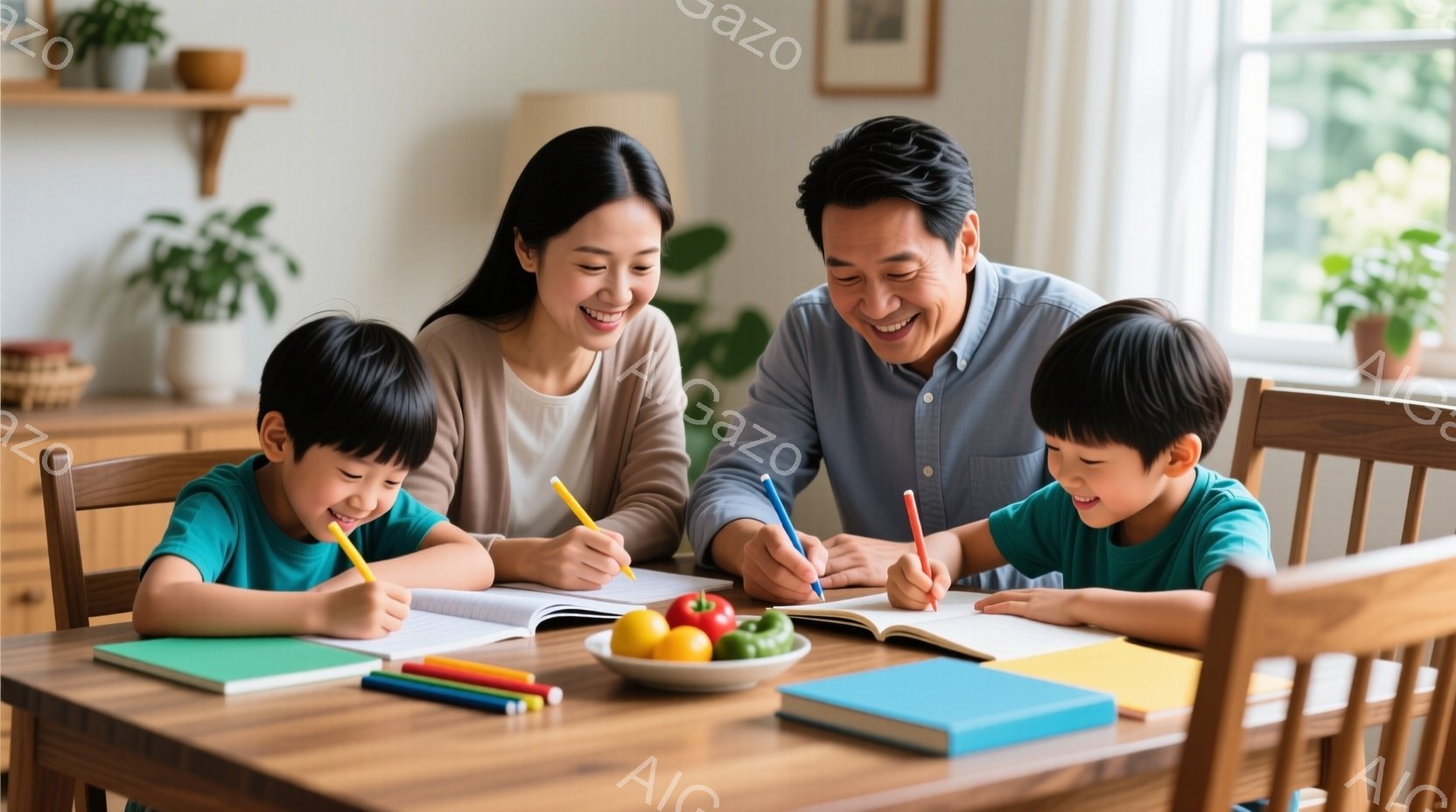 暖炉のそばにある木製のテーブルを囲み、両親と二人の子供が描画を楽しんでいる様子が写っている。母親はベージュ色のシャツを着て微笑み、父親は青いシャツを着て集中して描画している。子供たちはそれぞれ鮮やかな青いシャツを着て、集中した表情で色鉛筆を使って絵を描いている。