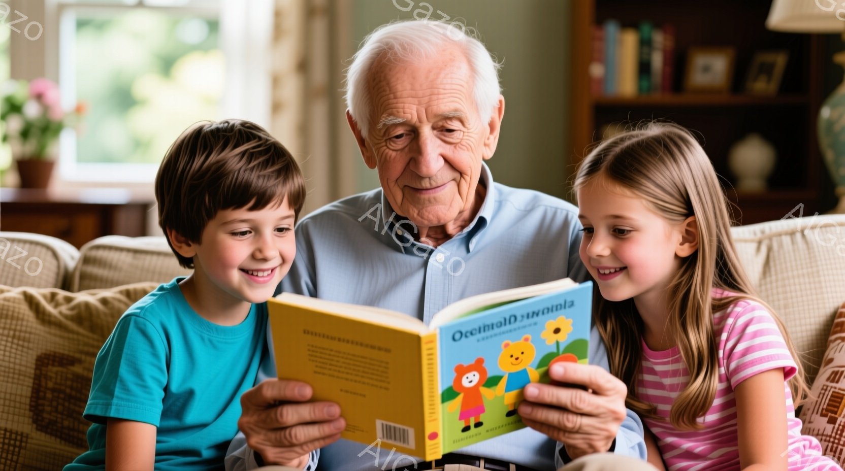 少年と少女が、年配の男性に絵本を読んでもらっている様子が写っている。少年は青いTシャツを着ており、少女はピンク色のTシャツを着ており、二人とも笑顔で絵本を見つめている。背景にはベージュ色のソファと、窓 - AI生成フリー素材