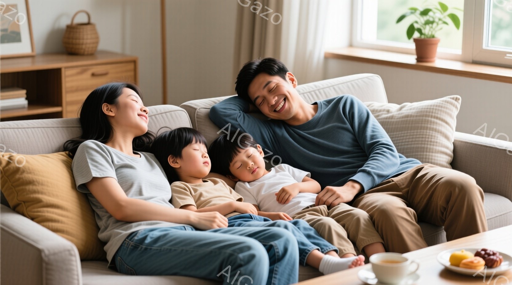 ソファに寄り添って眠る家族が描かれています。母親はジーンズに白いシャツを着ており、息子たちはそれぞれベージュと白のトップスを着ています。背景には木製のキャビネットと植物があり、温かく穏やかな家庭的な雰囲気が漂っています。