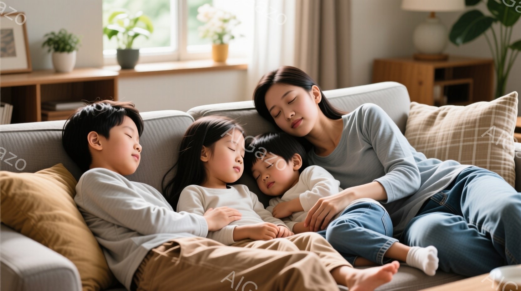 ソファの上で母親と二人の子供たちが寄り添って眠っている様子が描かれている。母親は薄い水色の服を着て、長い髪を後ろで束ねている。子供たちはそれぞれグレーとベージュのパジャマのような服を着ており、リラック - AI生成フリー素材