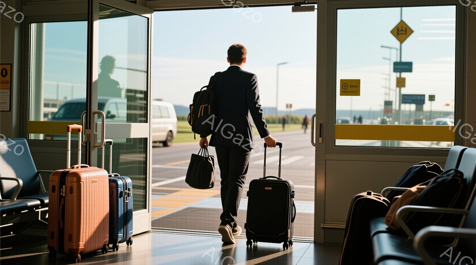 スーツを着た男性が、手荷物とキャリーケースを引いて空港の出口から外に出ようとしている様子が写っている。背景には、アスファルトの道、白いバン、そして青空が広がり、晴天の空港の様子が伺える。室内には、青い座席が並び、空港の待合室の一角が捉えられている。