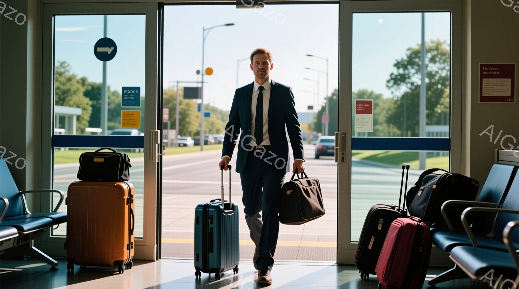 スーツとネクタイを着た男性が、2つのスーツケースとバッグを持って空港の自動ドアから出てくる様子が写っている。彼の表情は真剣で、姿勢はまっすぐで、どこか急いでいるようにも見える。背景には、曇り空の下、緑豊かな木々や駐車場が見え、全体的にビジネスライクで少し緊張感のある雰囲気が漂っている。
