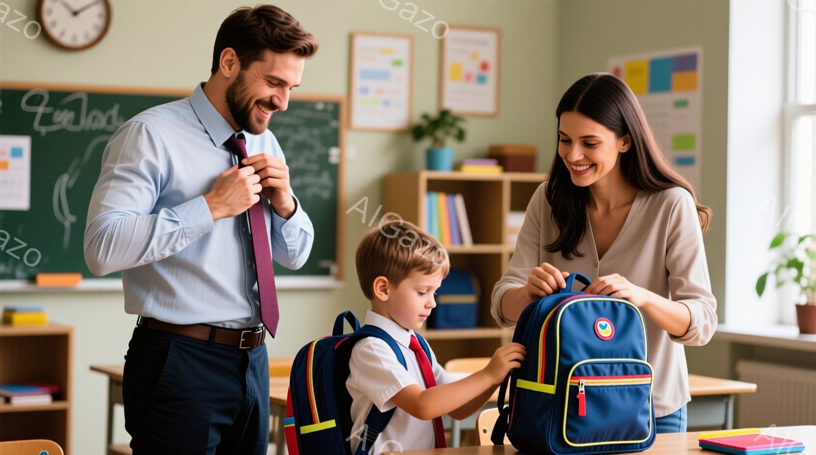 教室の中で、若い男性と女性が幼い男の子の準備を手伝っています。男性は紺色のネクタイを締め、笑顔を見せており、女性は男の子の青いリュックサックのジッパーを閉めています。背景には机、本棚、植物があり、明る - AI生成フリー素材