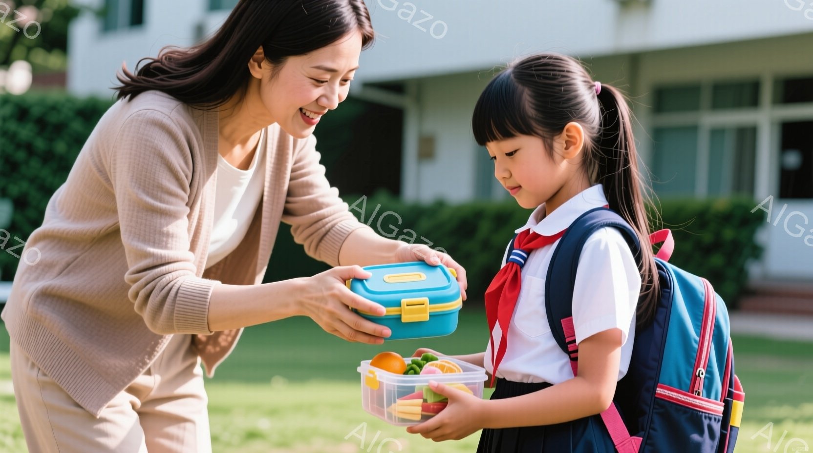 母親が娘にランチボックスを渡しています。母親はベージュ色のセーターを着て微笑んでおり、娘は制服を着て少し恥ずかしそうな表情をしています。背景には緑の芝生と、ぼやけた建物があり、晴れた日の穏やかな雰囲気 - AI生成フリー素材
