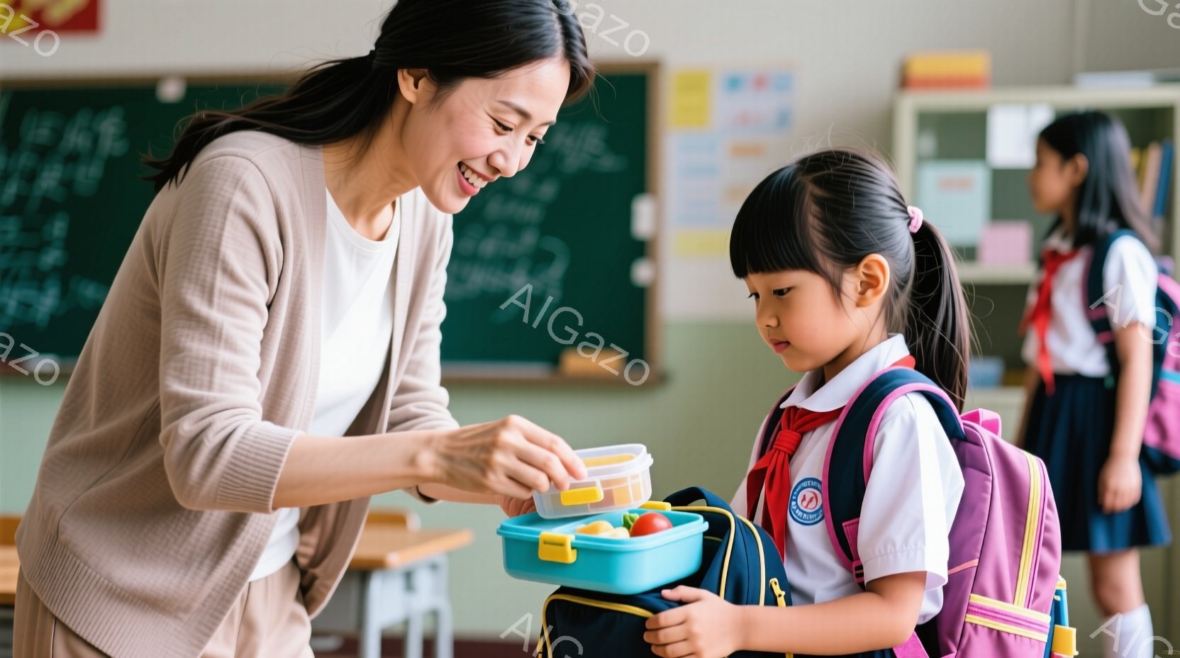 教室の場面で、女性教師が少女に弁当箱を渡しています。少女は制服を着て、リュックサックを背負い、少し恥ずかしそうに下を見ています。背景には他の生徒と黒板が見え、明るく温かい雰囲気です。