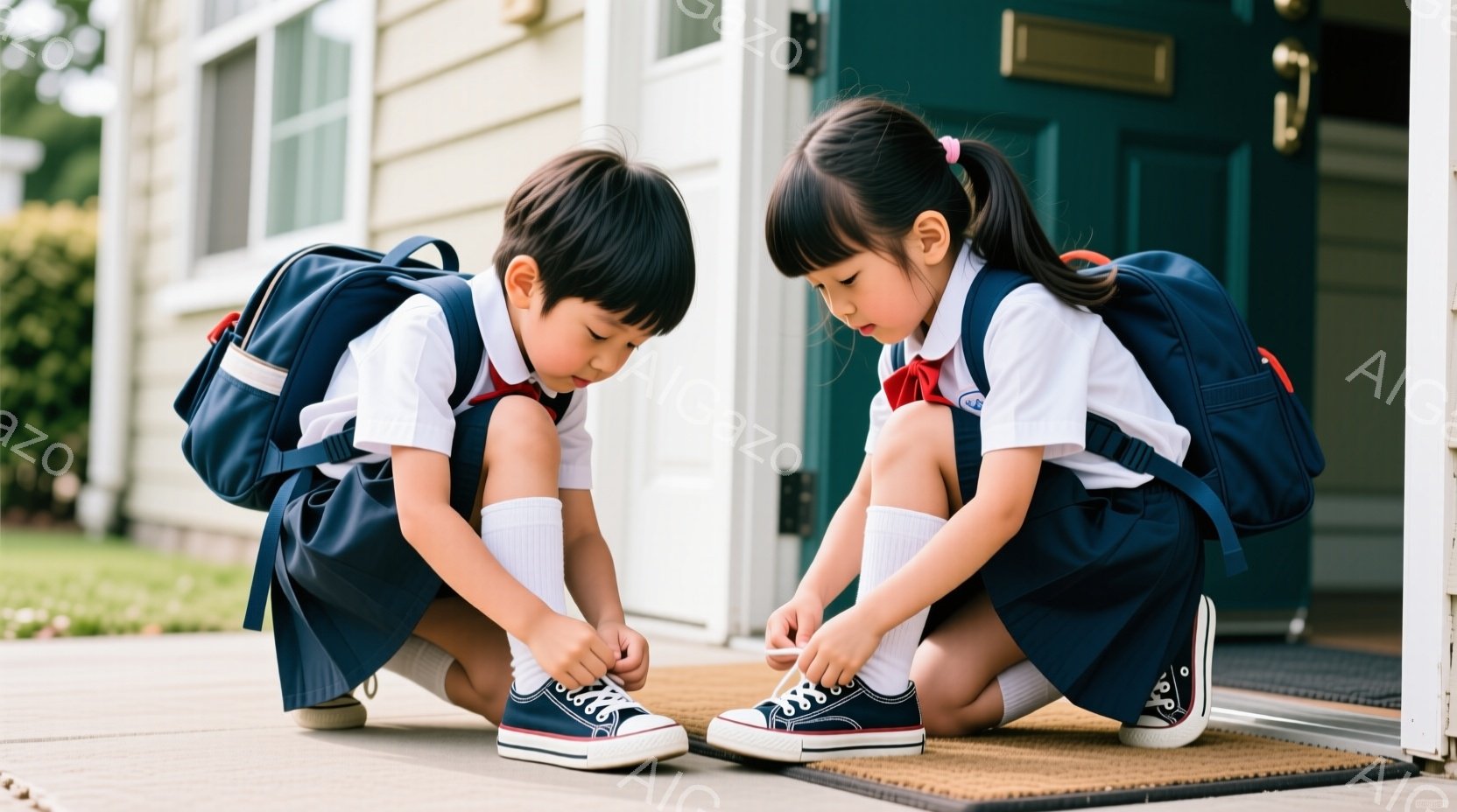 日本の子供たちが登校する前の姿を描いています。二人の小学生が靴紐を結んでおり、それぞれが自分の靴に注意を払っています。子供たちは制服を着用しており、日本の小学生らしく清潔感があるようです。彼らは踏み出す前に家の前の段ボールに座っています。背景には単級家が見え、朝日が浮かぶ空気が清々しいという雰囲気があります。