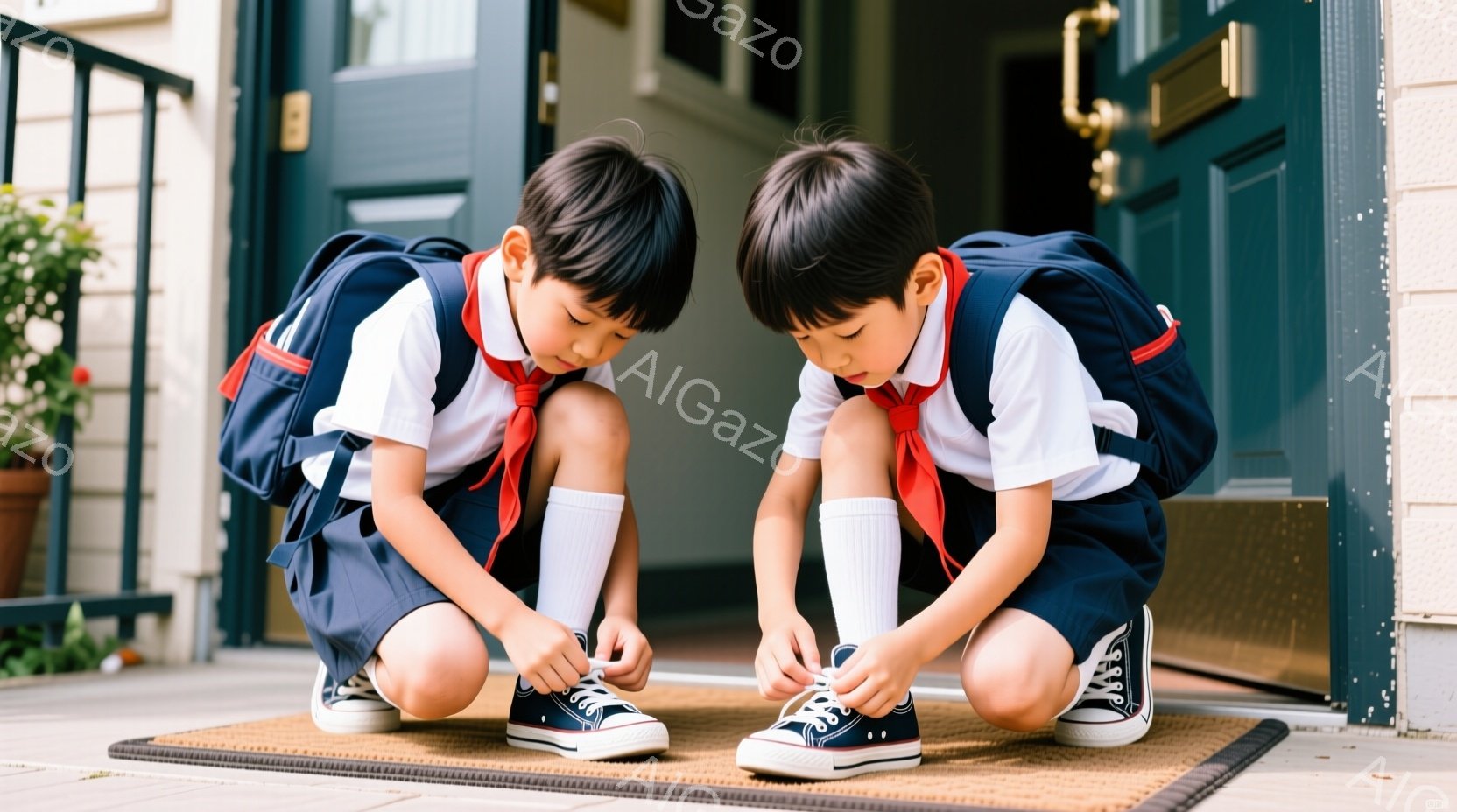 紺色の制服に白いシャツ、赤いネクタイを締めた二人の男の子が、玄関のマットの上で靴紐を結んでいます。膝を曲げ前かがみになり集中した表情で靴を見つめており、それぞれ背中に紺色のリュックサックを背負っています。背景には木製のドアと緑の植物が見え、晴れた日の穏やかな雰囲気を感じさせます。
