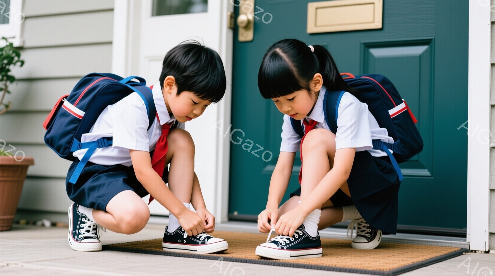 二人の子供が玄関の前で身をかがめて靴紐を結んでいます。彼らは白いシャツに紺色のズボンまたはスカート、赤いネクタイ、そして黒いリュックサックを着用しており、制服を着ているようです。背景には木製のドアと敷石が敷かれたポーチがあり、明るい日差しが差し込んでおり、穏やかで平和な雰囲気です。