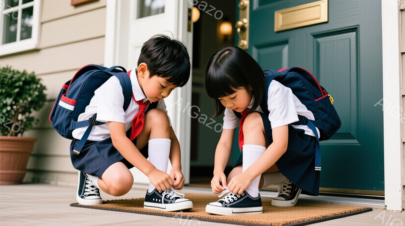 二人の子供が家の前にひざまずき、靴紐を結んでいます。紺色の制服に白いシャツ、赤いネクタイを着用し、紺色のリュックサックを背負っています。背景には、クリーム色の壁の家と緑の植物が見え、晴れた日の穏やかな雰囲気が漂っています。