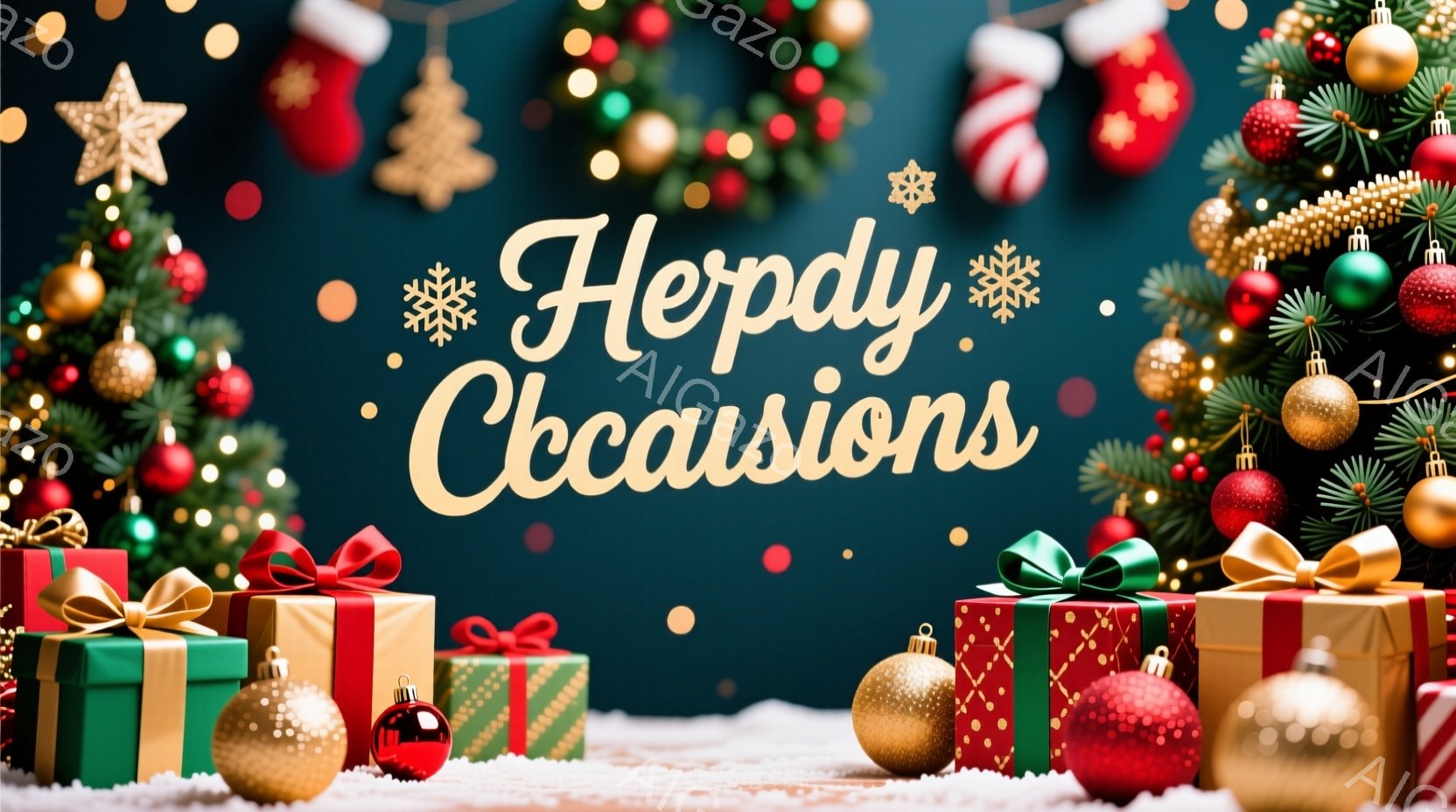 クリスマスツリーの背景に、様々なラッピングペーパーで包まれたプレゼントが置かれた華やかな光景です。赤、緑、金色のオーナメントがツリーを飾り、プレゼントにはリボンや装飾が施されています。全体的に温かく、 - AI生成フリー素材