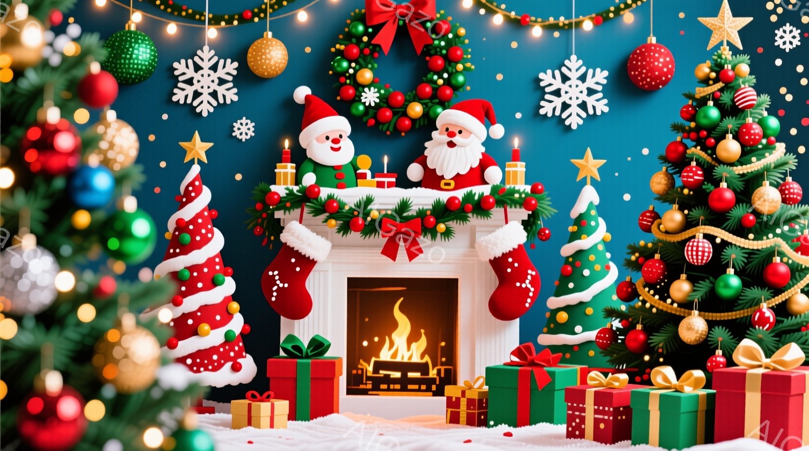 クリスマスシーンを再現したもので、中央に火が燃えるファイアプレイスがあり、周囲にはサンタクラウスやクリスマスツリーが描かれています。背景は深い青色で、星型のライトが照らしており、夜空のような印象を与え - AI生成フリー素材