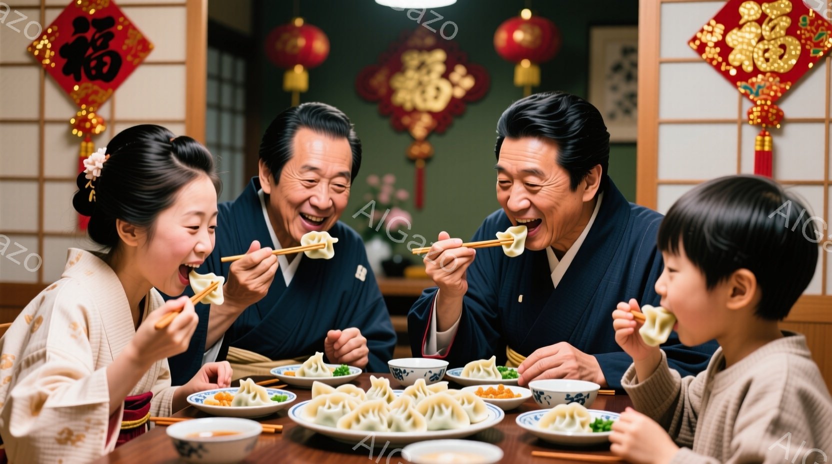 暖炉のある食卓を囲み、餃子を食べる家族の様子が描かれています。老夫婦と二人の子供たちは、それぞれ箸で餃子をつまみ、楽しげな表情を浮かべており、特に子供たちは満面の笑みを浮かべています。背景には赤い提灯 - AI生成フリー素材