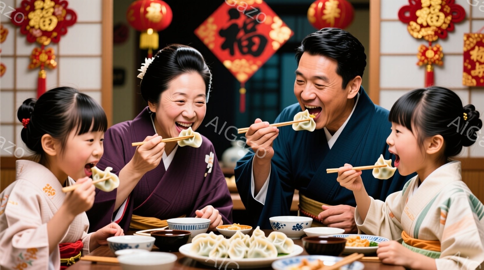 着物を着た家族が円卓を囲んで餃子を食べている様子が描かれています。両親と二人の娘は皆笑顔で、嬉しそうに餃子を箸でつかんでいます。背景には赤い提灯が飾られており、お祝いの温かい雰囲気が漂っています。