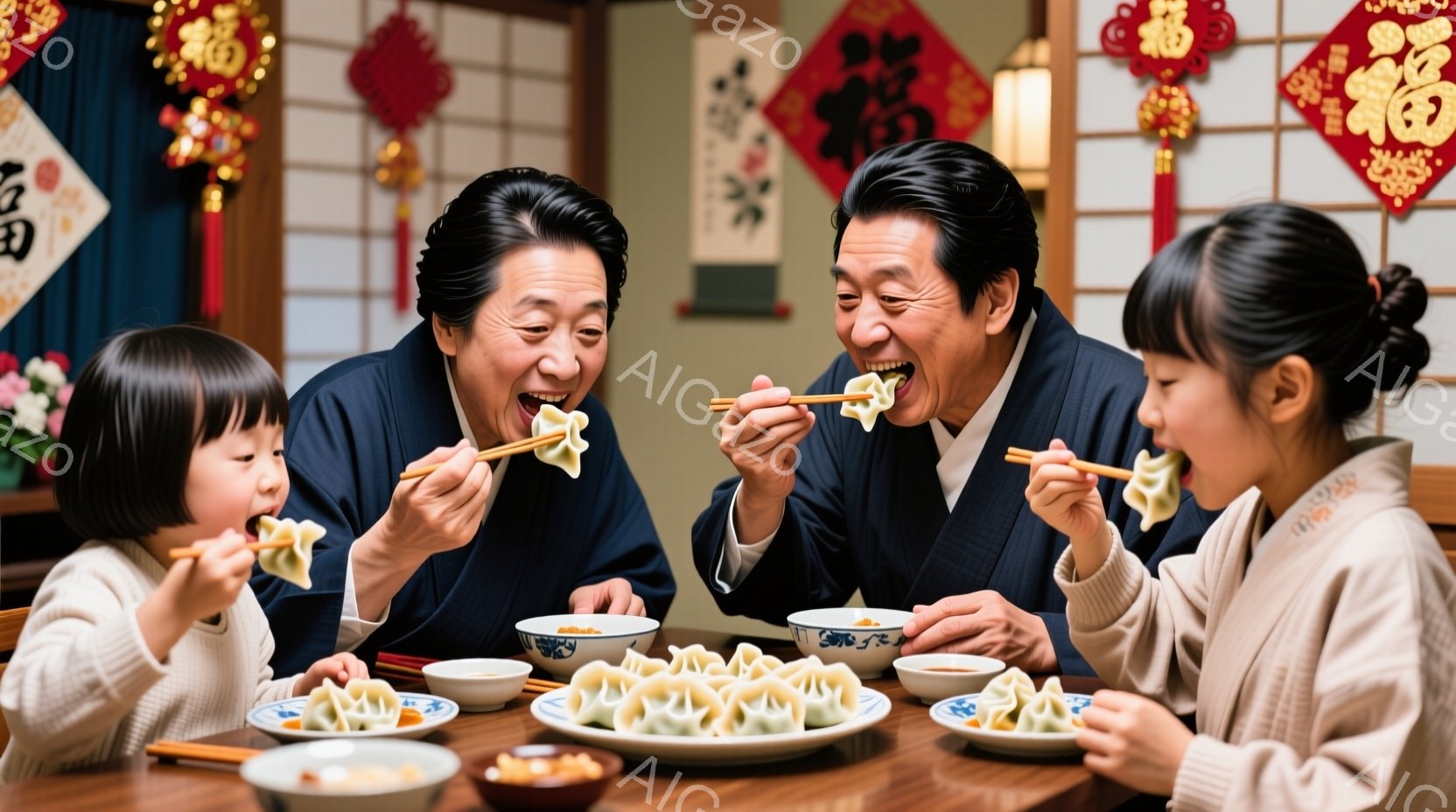家族四人が食卓を囲み、湯気を立てる餃子を箸で楽しんでいる様子が写っている。祖父母と孫娘たちは、笑顔で餃子を口に運んでおり、温かく幸せな雰囲気が伝わってくる。背景には、中国風の赤い装飾が施されており、お祝いの席を連想させる。