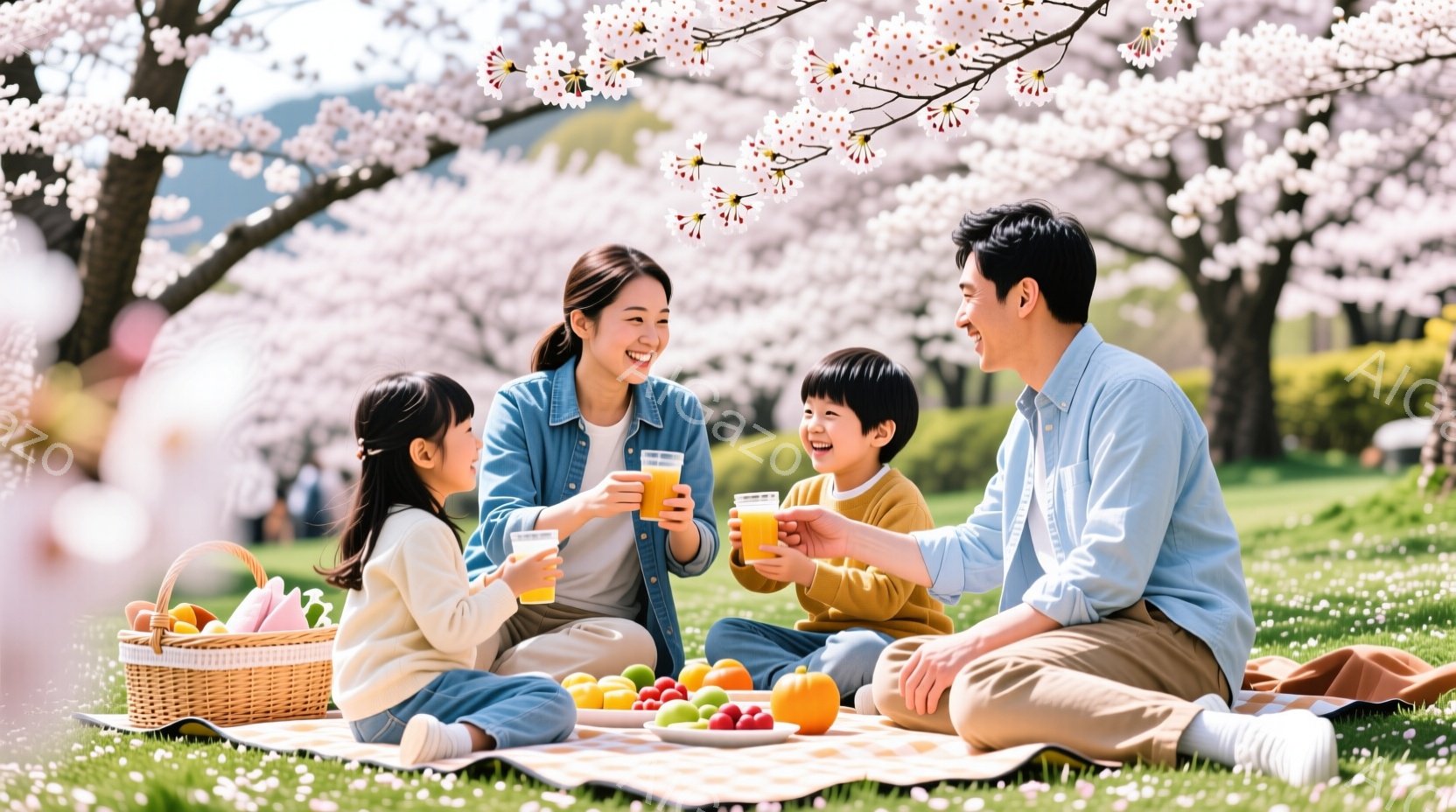 桜並木の下で、若い夫婦と二人の子供がピクニックを楽しんでいる様子が描かれています。母親は明るい笑顔でオレンジジュースを手に、子供たちに勧め、父親も同じようにジュースを差し出しています。背景には緑豊かな - AI生成フリー素材
