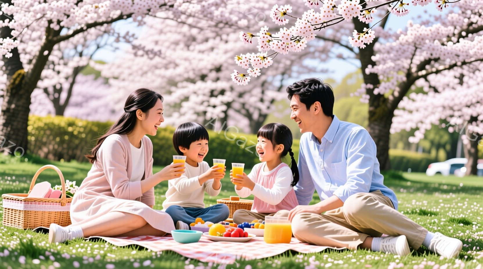 桜並木の下で、家族四人がピクニックを楽しんでいる様子が写っている。母親はピンク色の服を着ており、父親はベージュのシャツとズボンを着用し、それぞれ子供たちにオレンジジュースを差し出している。子供たちは笑顔でグラスを掲げ、背景には緑豊かな芝生と桜が咲き誇り、晴天の下、温かい家族の雰囲気が漂っている。