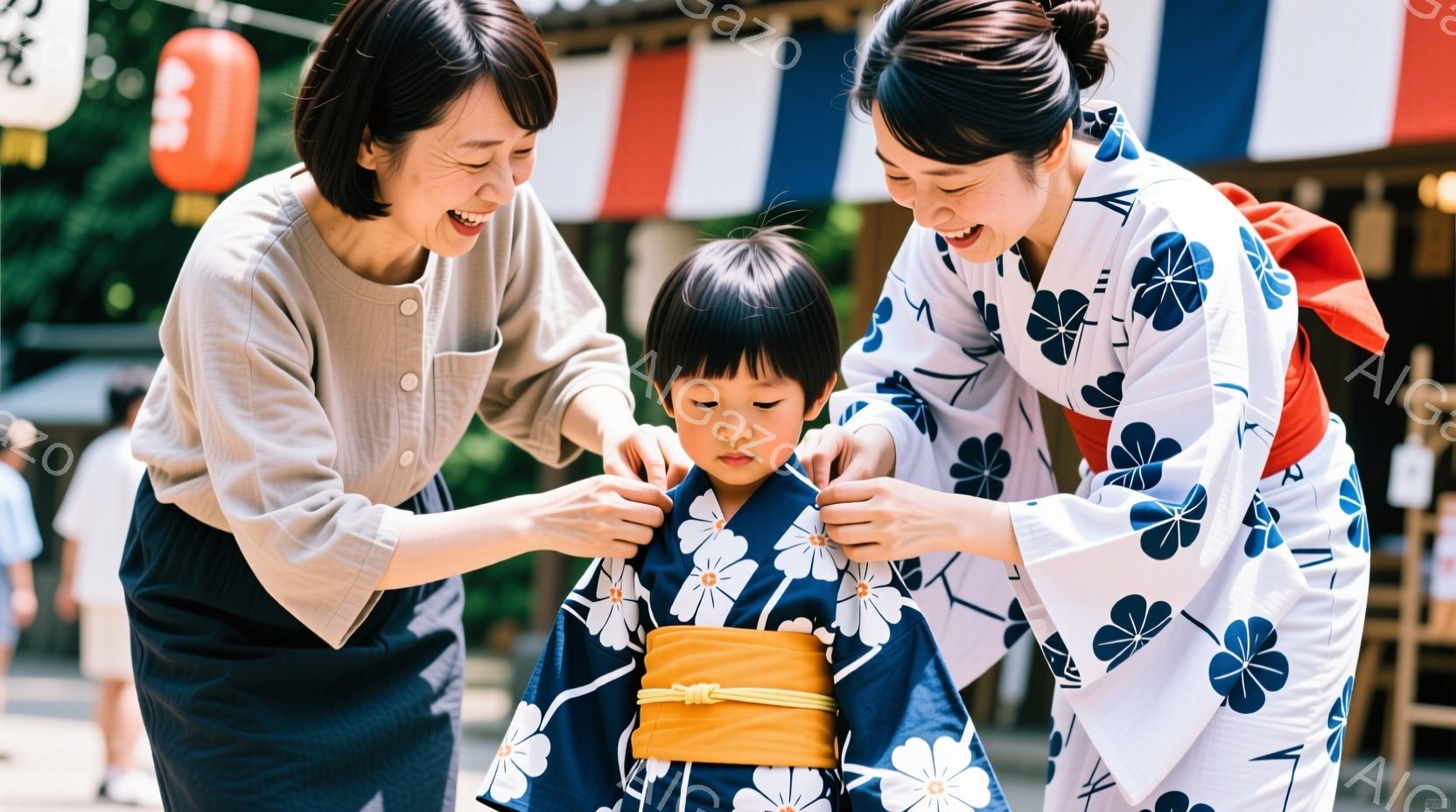 幼い男の子は紺色の花柄の着物を着ており、母親らしき女性が着物の帯を結んであげています。女性は白い花柄の着物と明るい色の帯で、微笑みを浮かべています。背景には提灯や木造建築が見え、晴れた日の賑やかなお祭 - AI生成フリー素材