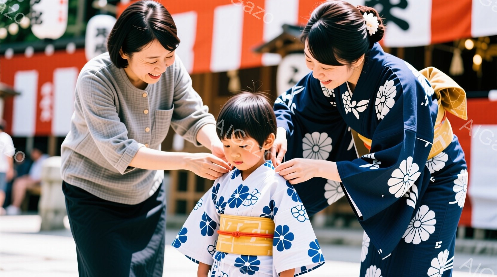 神社で着物を着た少年と、彼に衣装を整える二人の女性が写っています。少年は紺地に白の花柄の着物と赤い帯を身につけ、微笑んでいます。背景には赤い鳥居や参道が見え、晴れた日の神社の穏やかな雰囲気が伝わってき - AI生成フリー素材