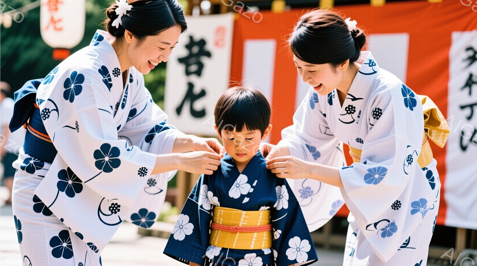 白地に青い花模様の着物を着た女性が、同じく青い着物を着た幼い男の子の着物の襟を整えています。女性は微笑んでおり、男の子は少し下を向いています。背景には赤い看板や建物が見え、晴れた日の屋外のイベントの様 - AI生成フリー素材