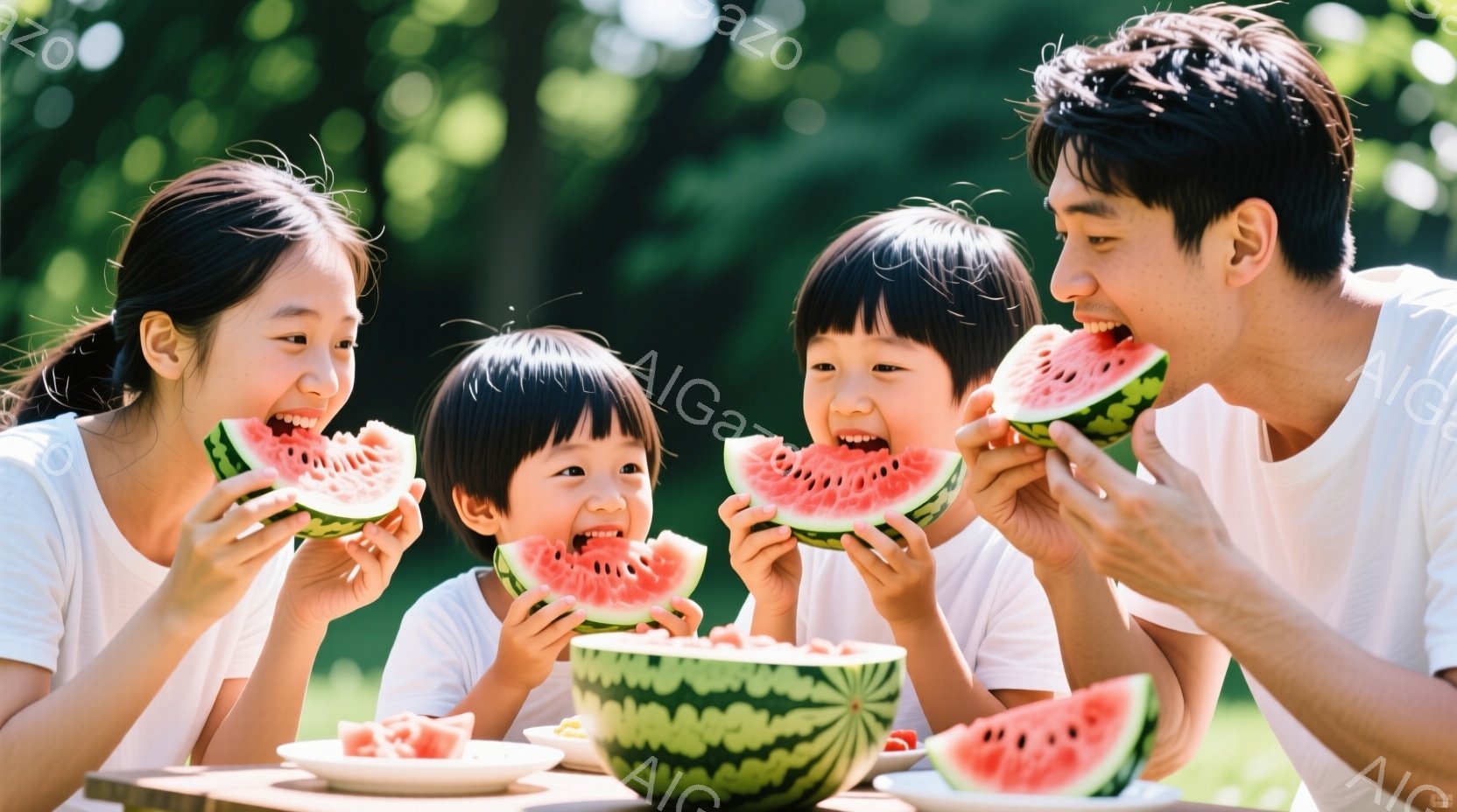 家族四人がテーブルを囲み、スイカを美味しそうに頬張っている様子が写っています。全員白いTシャツを着ており、子供たちは黒髪のショートヘアで、笑顔でスイカにかぶりついている。背景には緑豊かな自然が広がり、晴天で明るい雰囲気の中で、家族の温かい時間が表現されています。