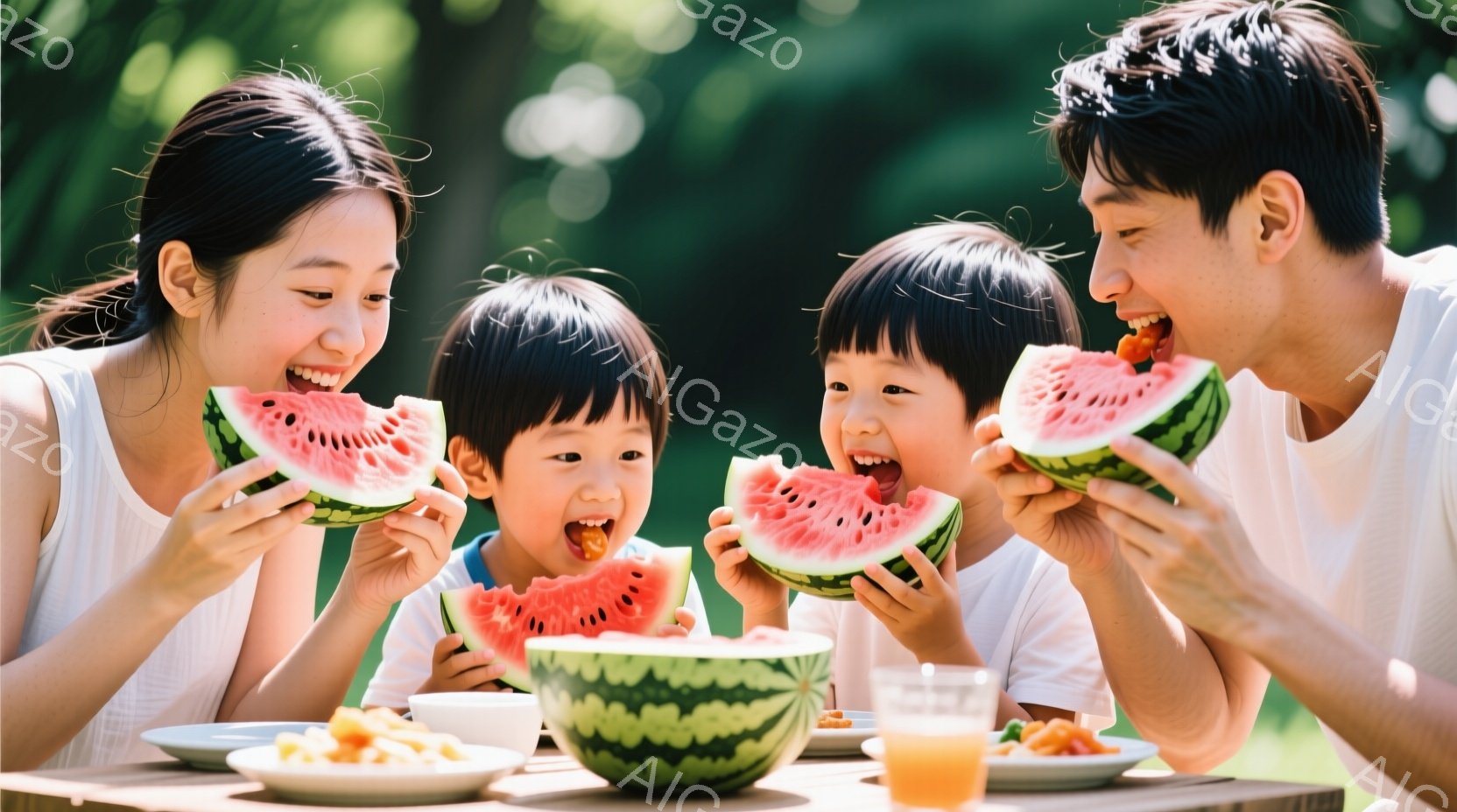 家族が屋外のテーブルでスイカを食べている写真です。母親は白いタンクトップを着て、二人の子供たちは白いTシャツを着ています。彼らは皆、笑顔でスイカをかじっており、背景には緑豊かな自然と光が差し込み、明る - AI生成フリー素材