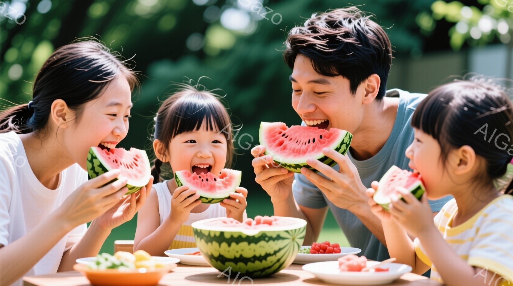 屋外のテーブルを囲んでスイカを食べる家族が写っています。母親と父親、そして二人の幼い娘は皆笑顔で、スイカにかぶりついています。背景には緑豊かな自然が広がり、晴天の下、家族の幸せな時間が表現されています - AI生成フリー素材