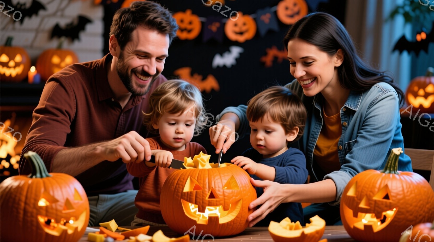 家族がハロウィンのカボチャのランタンを作っています。父親は茶色のシャツを着て微笑み、息子と一緒にカボチャの目を切り抜いています。母親はデニムジャケットを着て、もう一人の息子がカボチャの口を切り抜くのを手伝い、背景にはハロウィーンの装飾が散りばめられ、温かく楽しい雰囲気が漂っています。