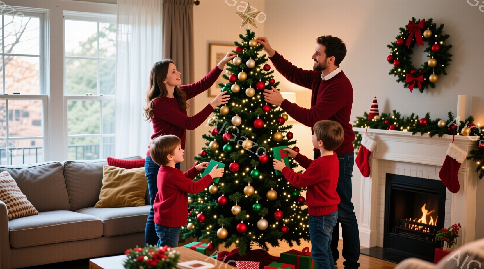 家族がクリスマスツリーを飾り付けている様子が写っています。母親と父親は赤いセーターを着て、それぞれツリーの上の飾りを付けています。二人の子供も赤いセーターを着て、プレゼントをツリーの周りに置こうとして - AI生成フリー素材