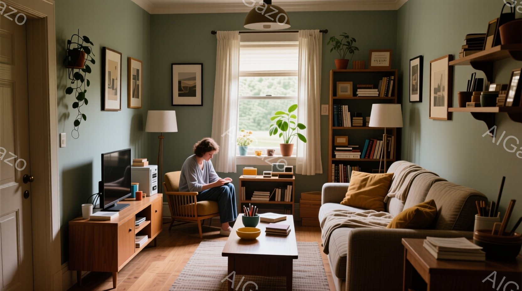 部屋は落ち着いた緑色で、木製の家具が配置されています。女性はベージュ色の椅子に座り、何かを読んでいるようで、リラックスした表情をしています。窓からは緑豊かな自然が見え、部屋全体に穏やかで温かい雰囲気が漂っています。