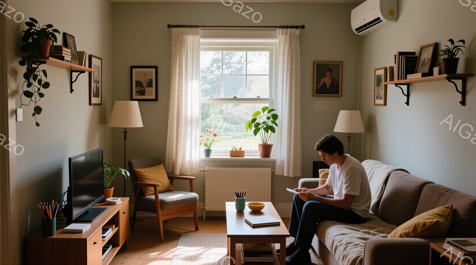 室内には、薄茶色のソファに座り、スマートフォンを見ている若い男性がいます。彼は白いTシャツを着ており、短く暗い髪をしています。窓からは自然光が差し込み、木製の家具や観葉植物が配置された、穏やかで落ち着 - AI生成フリー素材