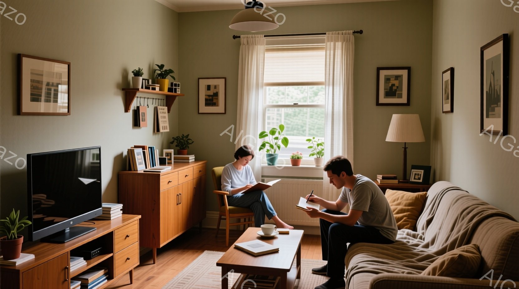 明るいリビングルームで、若い女性が椅子に座り、膝の上にノートを開いて何かを書き込んでいます。彼女は白いTシャツと短い髪で、リラックスした表情をしています。男性はソファに座り、同じようにノートに書き込んでおり、部屋には観葉植物や木製の家具が配置され、穏やかで落ち着いた雰囲気が漂っています。