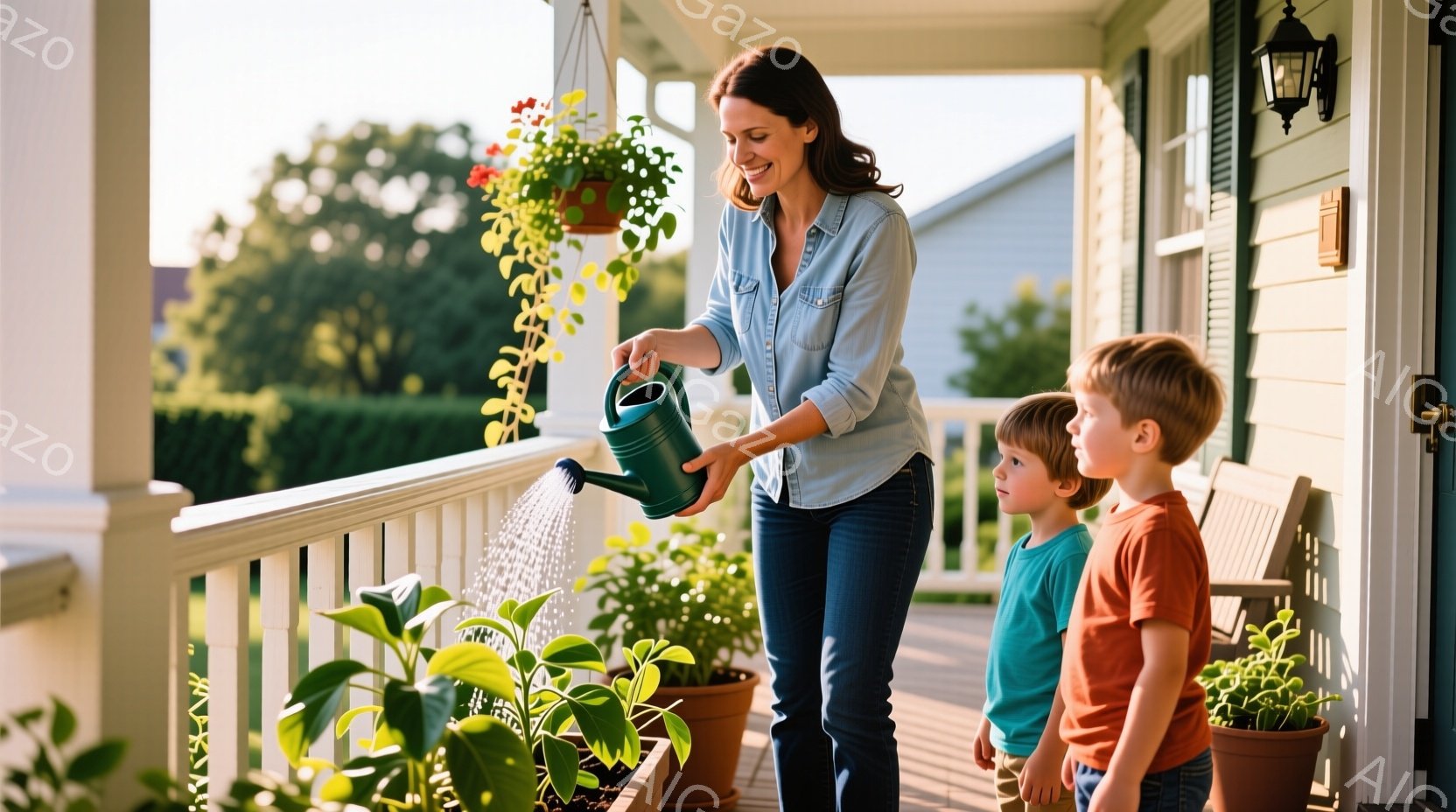 長い茶色の髪を後ろで束ねた女性が、プランターに水をやっています。彼女はデニムシャツとジーンズを着ており、笑顔で植物の世話を楽しんでいるようです。背景には白い手すりが並び、木製のデッキと緑豊かな庭園が広がっており、穏やかで暖かな雰囲気の午後です。