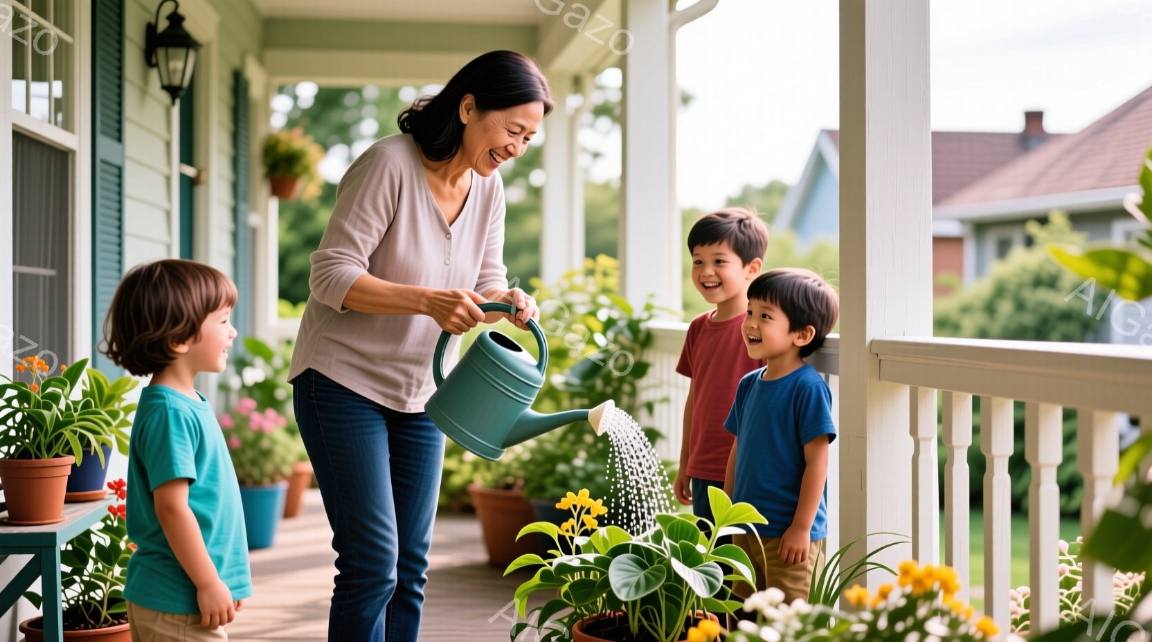 女性がベランダでジョウロを使って植物に水をやっています。彼女は薄いピンク色のシャツとジーンズを着ており、笑顔で優しく水をやっています。周りには3人の子供たちがいて、植物を眺めたり、水やりを見つめたりし - AI生成フリー素材