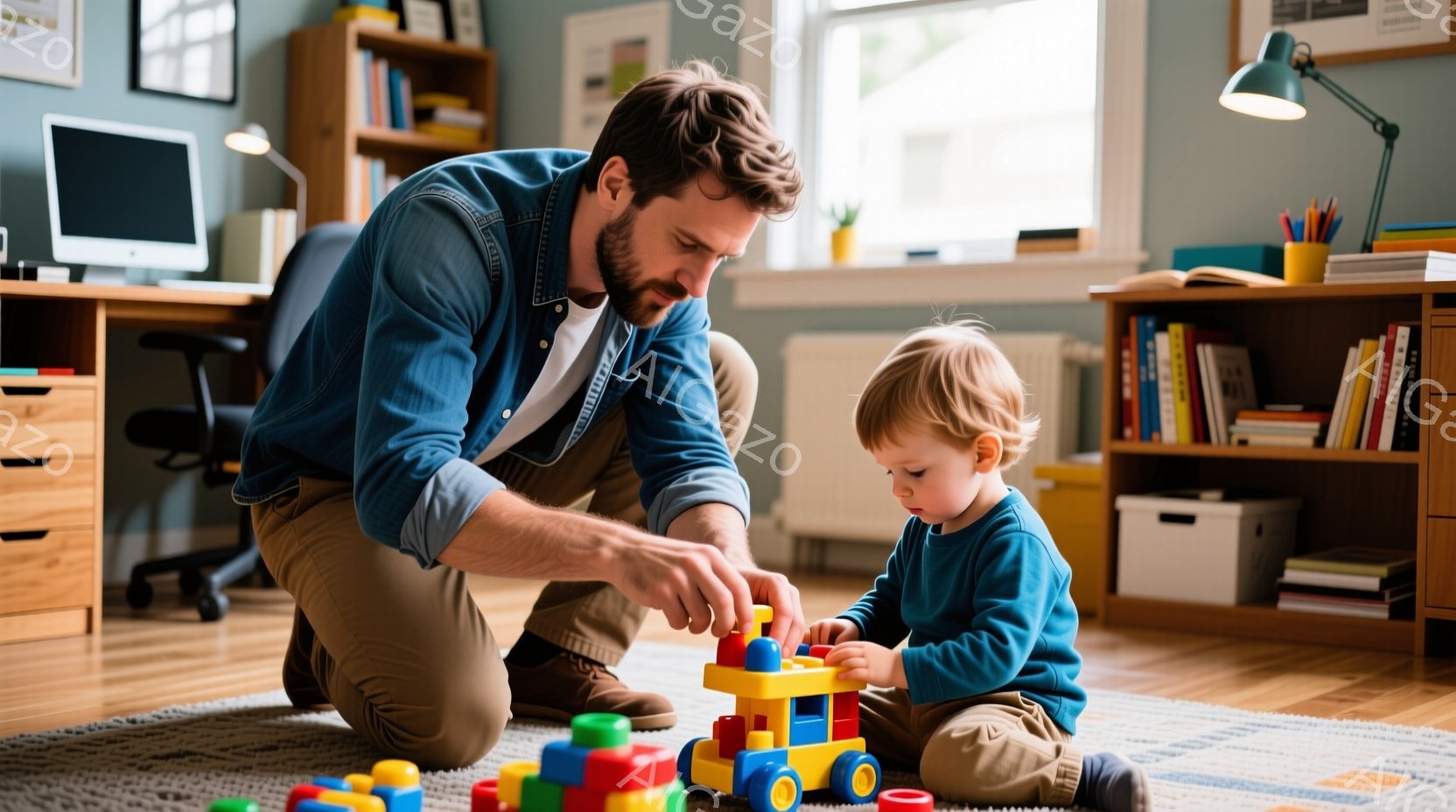 膝をついて男の子と遊ぶ父親が写っています。父親は、茶色のズボンと青いシャツを着ており、短い髪で髭を生やしています。背景には本棚と机があり、明るく暖かく家庭的な雰囲気です。 - AI生成フリー素材