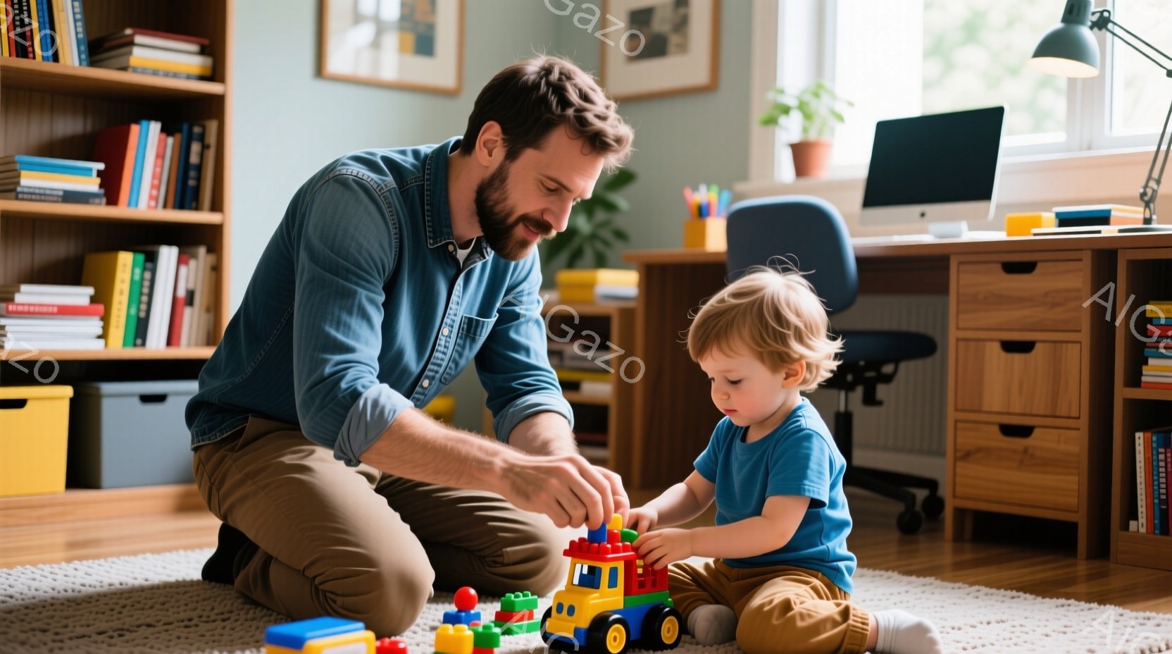 膝をついて床に座っている男性と、積み木で遊んでいる幼い子供が写っている。男性は濃い色のシャツを着ており、少しひげを生やしている。背景には本棚と青い椅子があり、部屋は明るく、温かい雰囲気である。