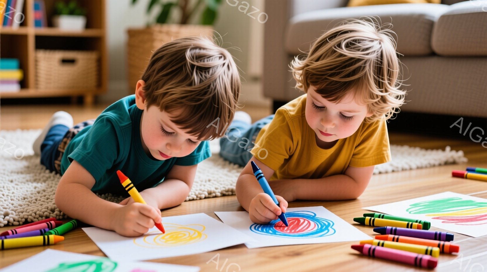 二人の幼い少年が床に座って色鉛筆で絵を描いています。少年たちはそれぞれターコイズブルーと黄色のシャツを着ており、金髪をしています。背景には、織物のような白いラグ、木製の床、そしてぼやけたリビングルームの一部が見え、温かく家庭的な雰囲気が漂っています。