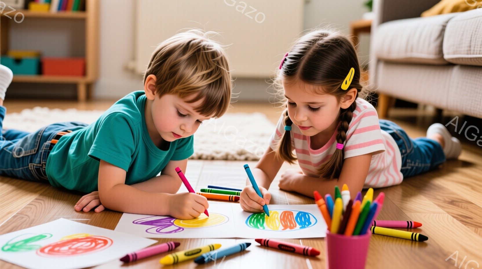 二人の子供が床に座って色鉛筆で絵を描いています。男の子は緑色のシャツとジーンズを着ており、女の子はピンクと白のストライプのシャツとジーンズを着て、髪を2つに分けています。背景には、カラフルなクレヨンが入ったコップや、淡い色のカーペット、ソファが見え、温かく穏やかな家庭の雰囲気が漂っています。