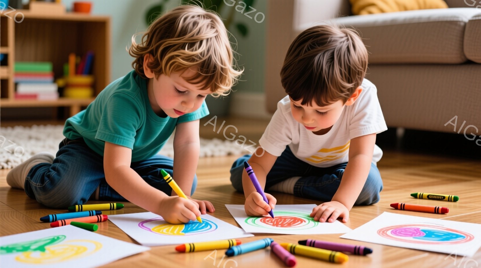 二人の幼い少年が床に座り、クレヨンで絵を描いています。少年たちはそれぞれジーンズと白いTシャツを着ており、髪は明るい茶色で少しカールしています。背景には木製の床、柔らかい色のカーペット、そして本棚が見え、全体的に温かく、家庭的な雰囲気です。
