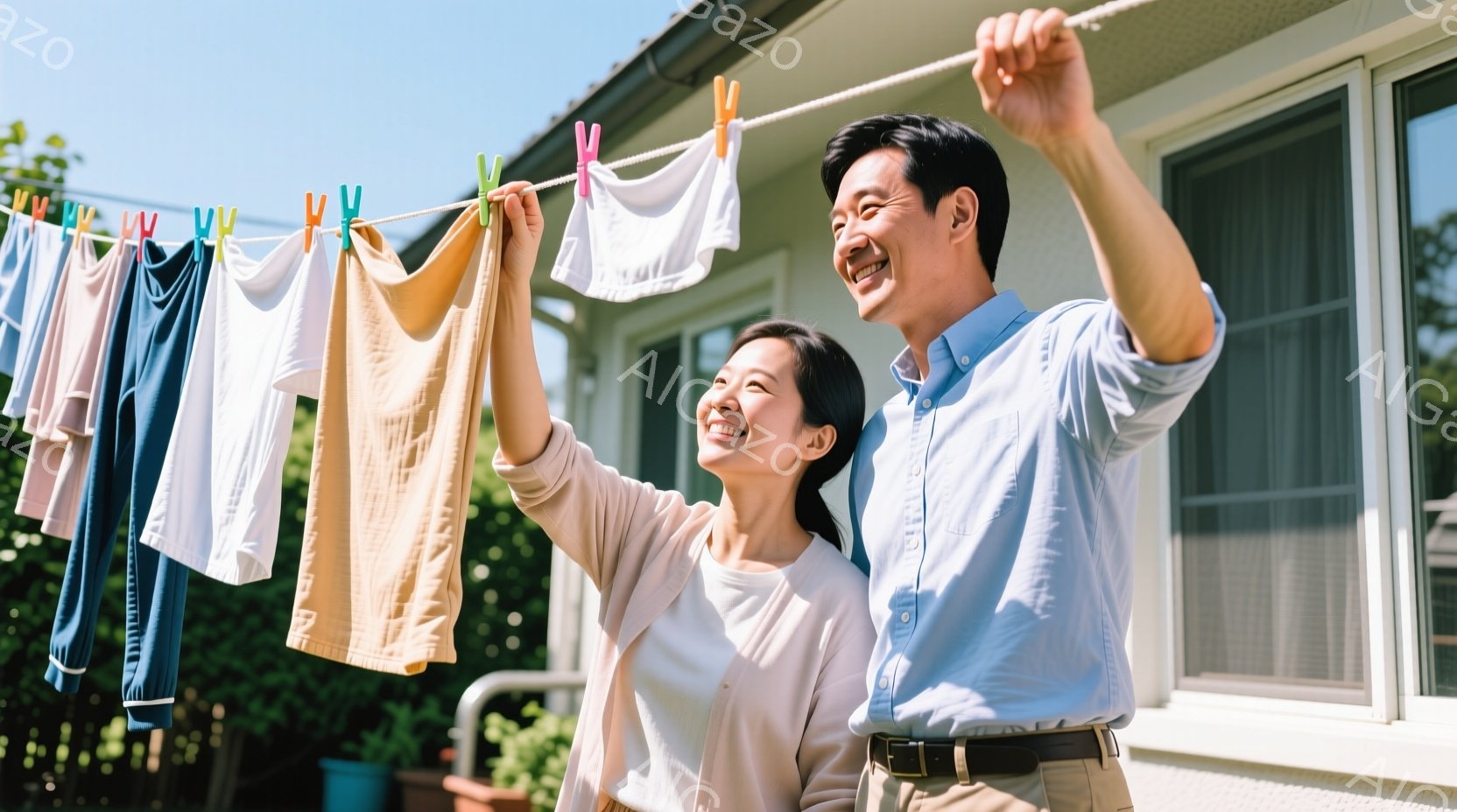中年の夫婦が庭で洗濯物を干している写真です。女性は白いTシャツにデニムのズボン、男性は水色のシャツにベージュのズボンを着用し、それぞれ顔を上げて笑顔を見せています。背景には緑豊かな庭と白い家が見え、晴 - AI生成フリー素材