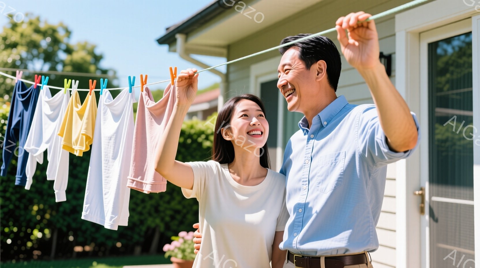 庭で洗濯物を干している夫婦が写っています。女性は白いTシャツを着ており、髪は後ろで一つに結んでいます。男性は水色のシャツと茶色のベルトを着用し、笑顔で洗濯物を高く掲げています。