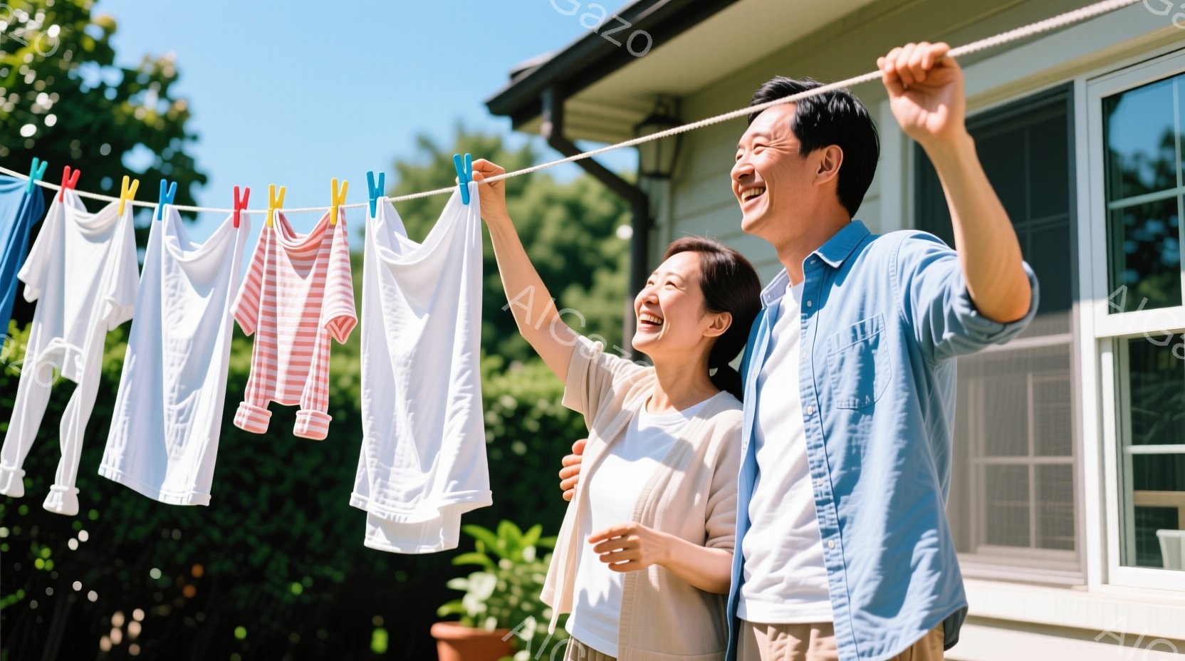 屋外で洗濯物を干している若い夫婦が写っています。夫は明るい青いシャツを着ており、妻は白いTシャツを着ています。二人は笑顔で洗濯物を広げようとしており、背景には緑豊かな植物と白い家が見え、晴れた日の穏やかな雰囲気が伝わってきます。