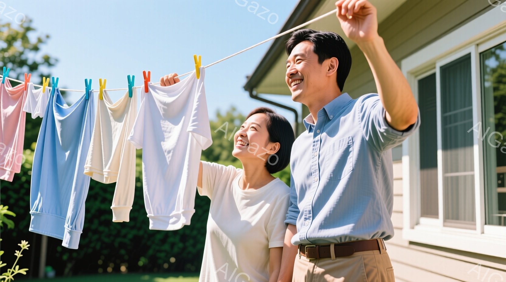庭で洗濯物を干している若い夫婦が写っています。夫は薄茶色のズボンに水色のシャツを着ており、妻は白いTシャツを着ています。二人は皆笑顔で、晴れた日の穏やかな雰囲気が伝わってきます。